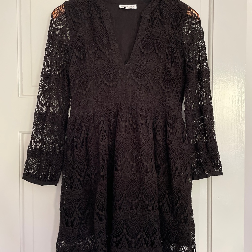 Lolita Jaca St Barth Black Silk crochet 3/4 sleeve mini dress